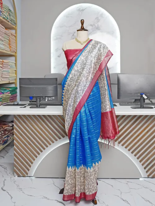 Elegant Semi Tussar Silk Saree with Artistic Prints & Trendy Checks – Includes Printed Blouse with Tassels